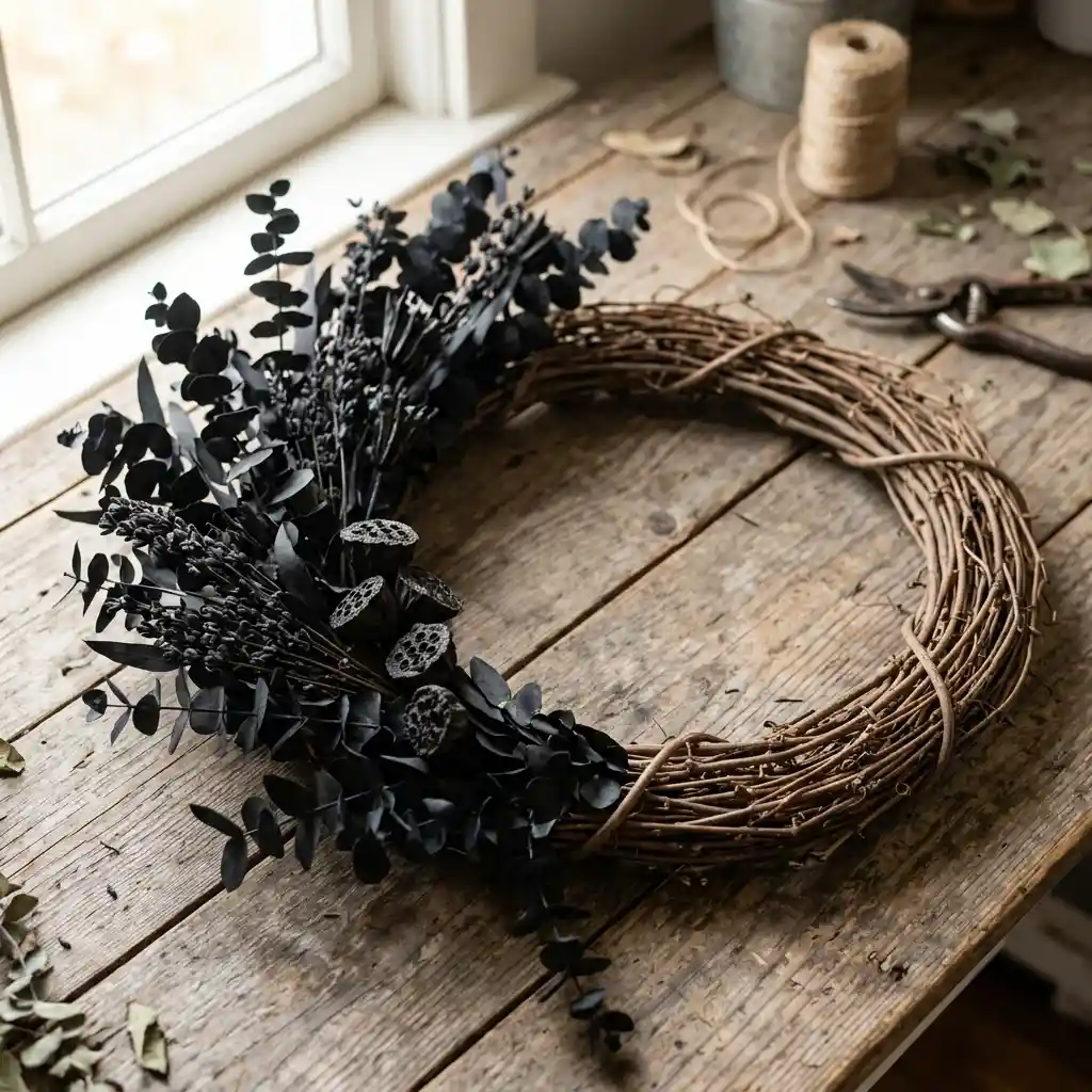 Black eucalyptus and dried stems swept in a crescent across one side of a wreath
