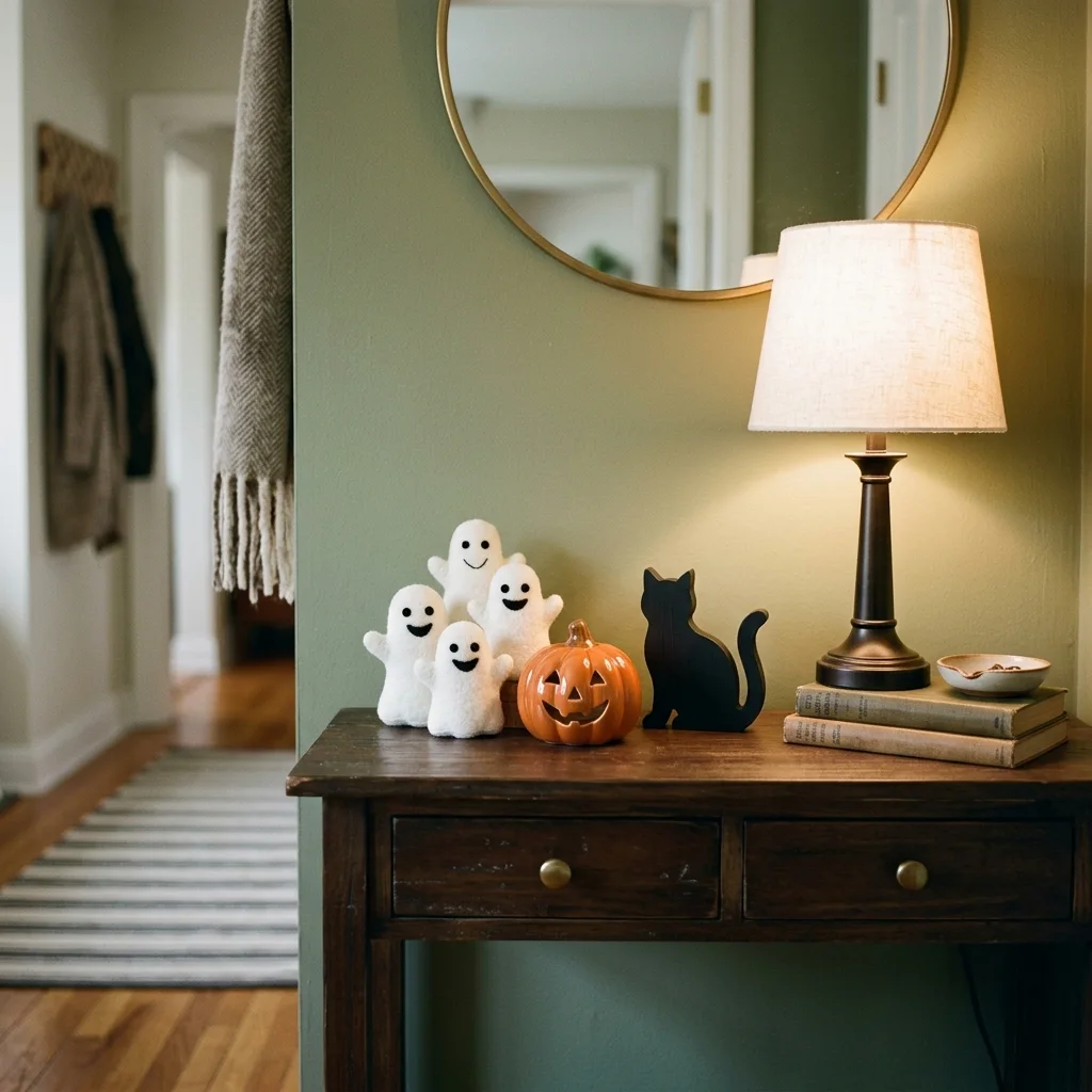 Cute Halloween decorations grouped at eye level on a hall console table beside a lamp