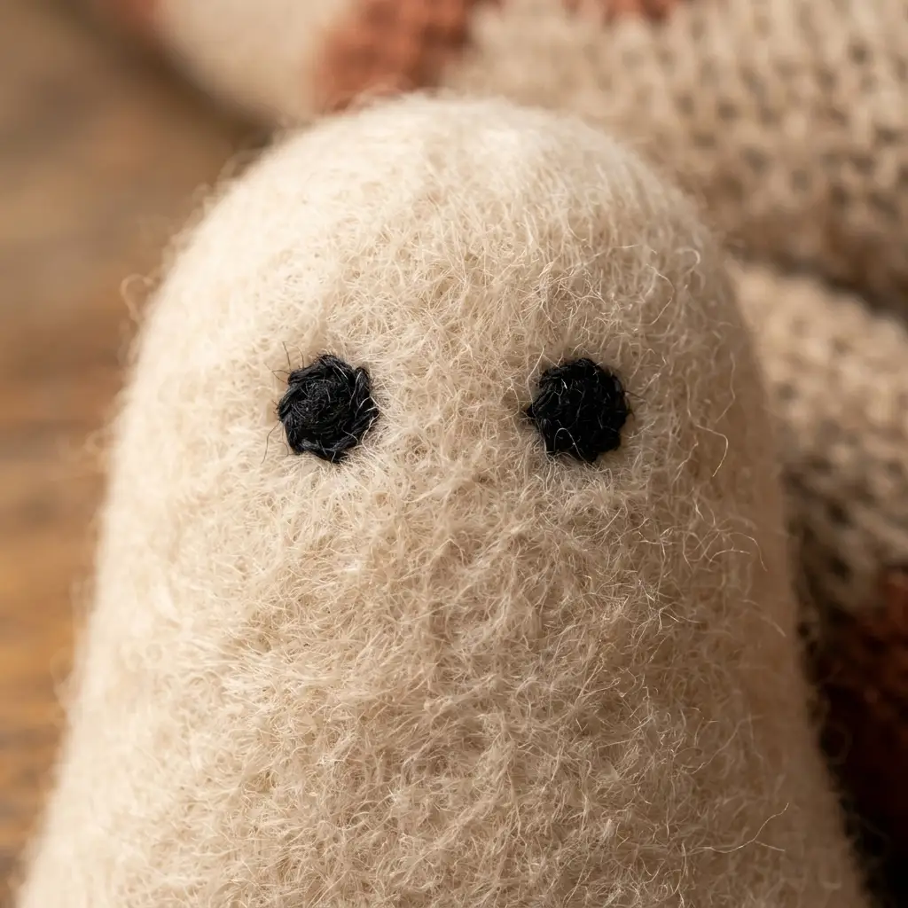 Close-up of a stitched felt face with two small circle eyes and no mouth on a pale fabric ghost
