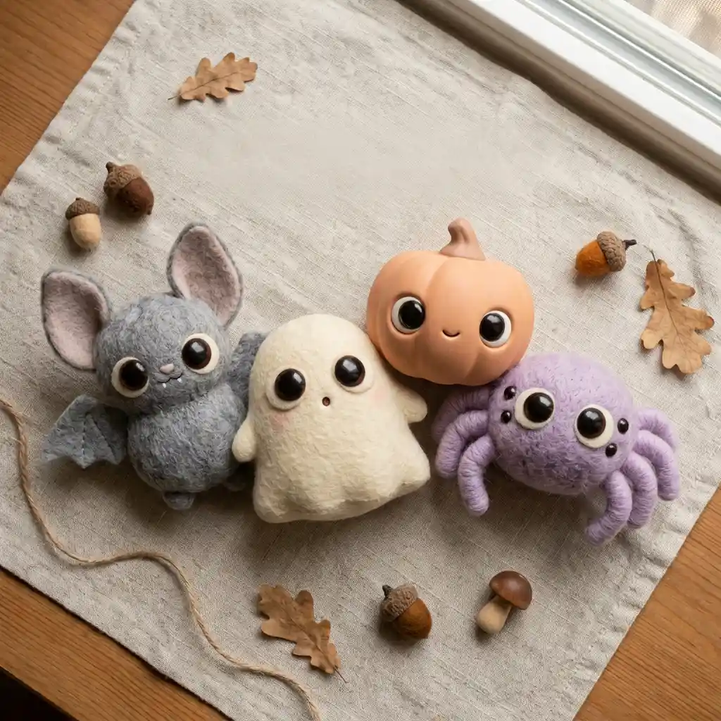 Four small Halloween figures showing rounded shapes, large low eyes and closed smiling mouths