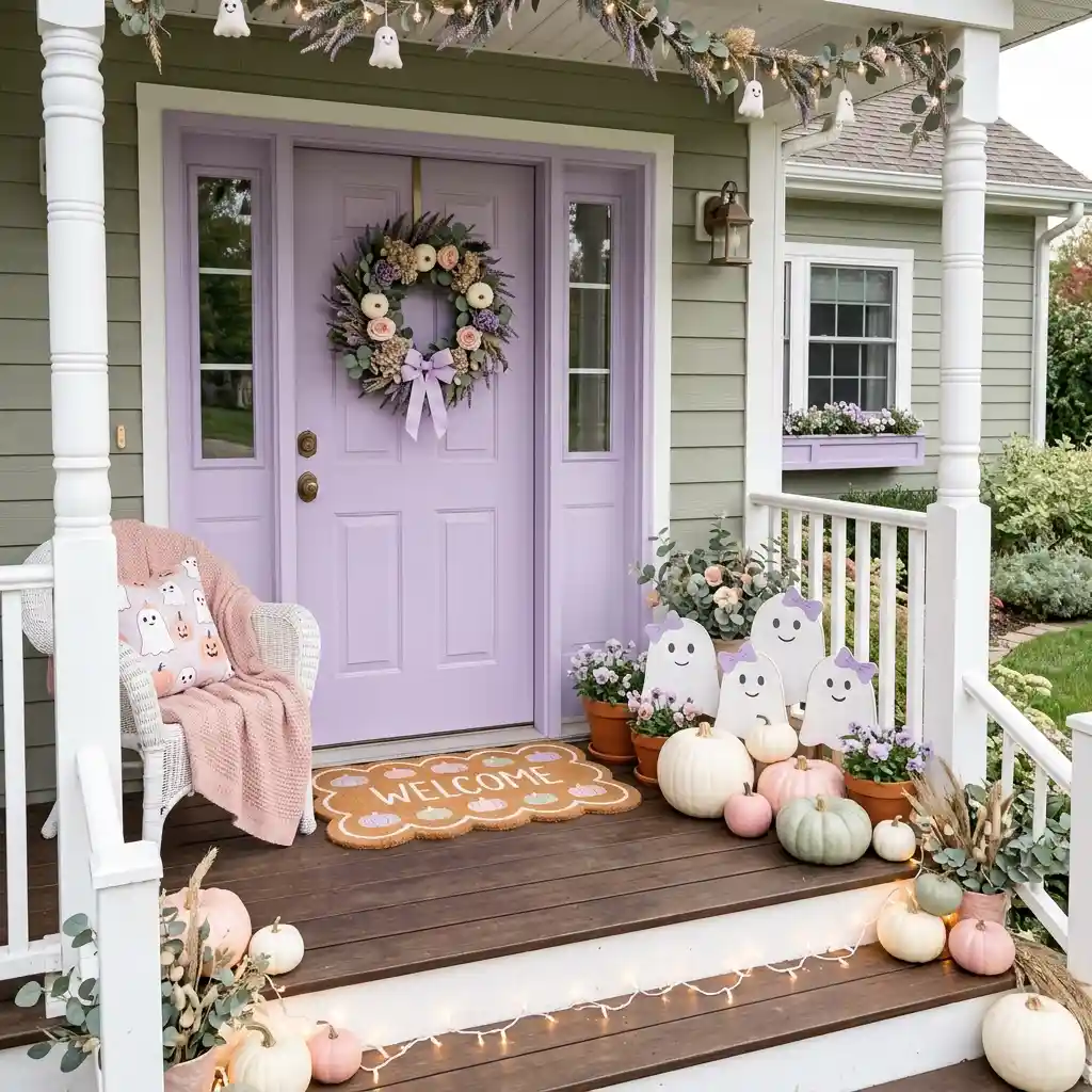 Cute pastel Halloween porch with lavender ghosts, blush pumpkins and a scalloped welcome mat