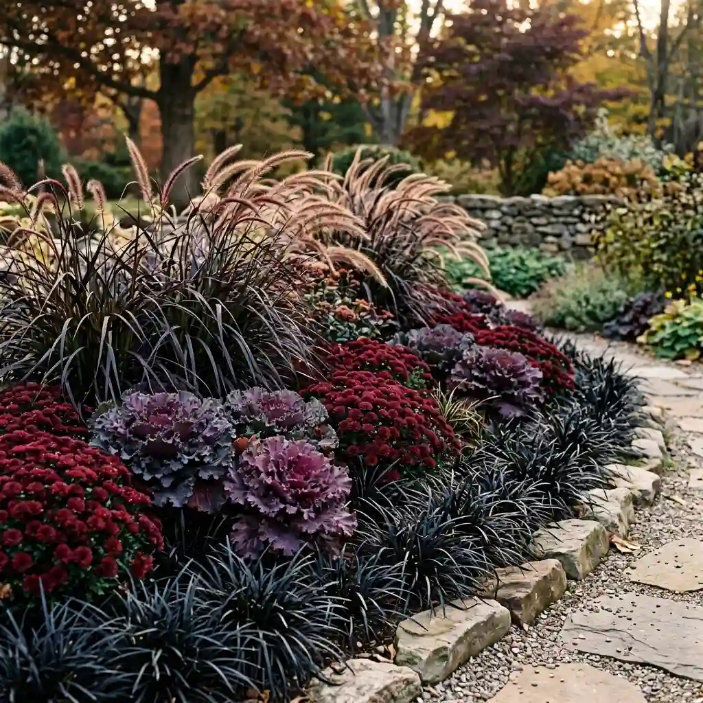Garden bed planted with black mondo grass, purple fountain grass, ornamental kale and burgundy mums