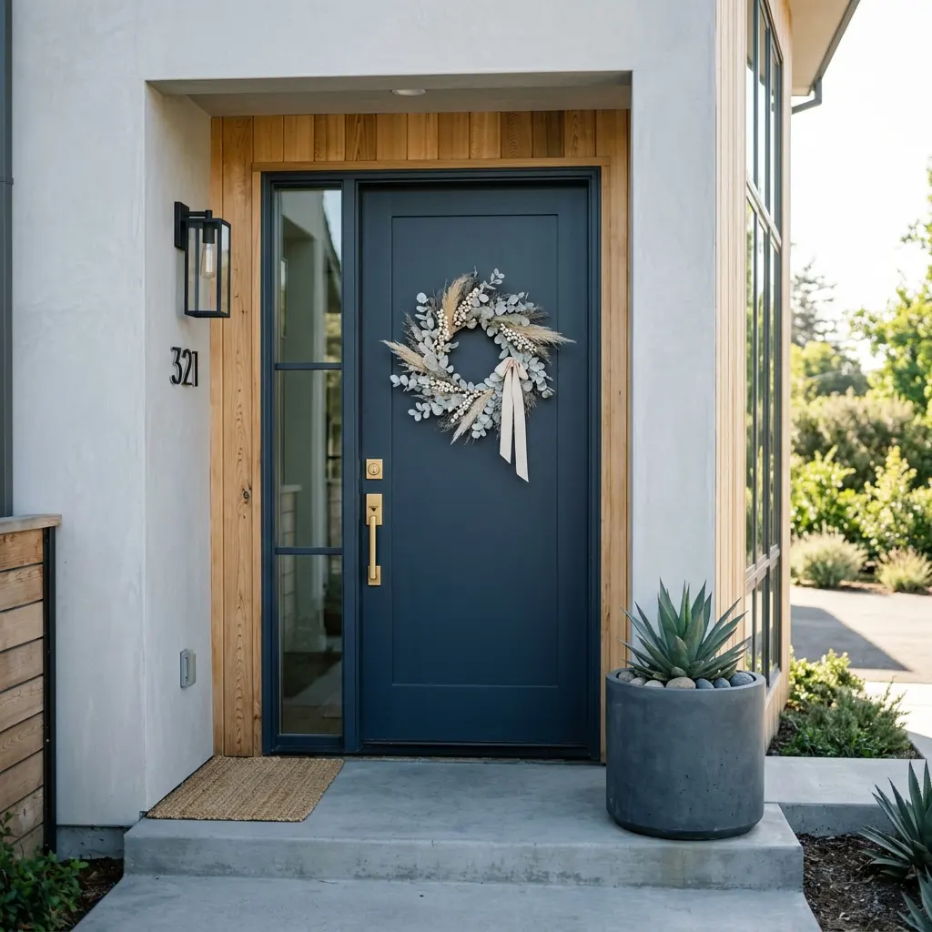 Modern house entry with a dark navy front door, brass hardware, and minimal porch styling
