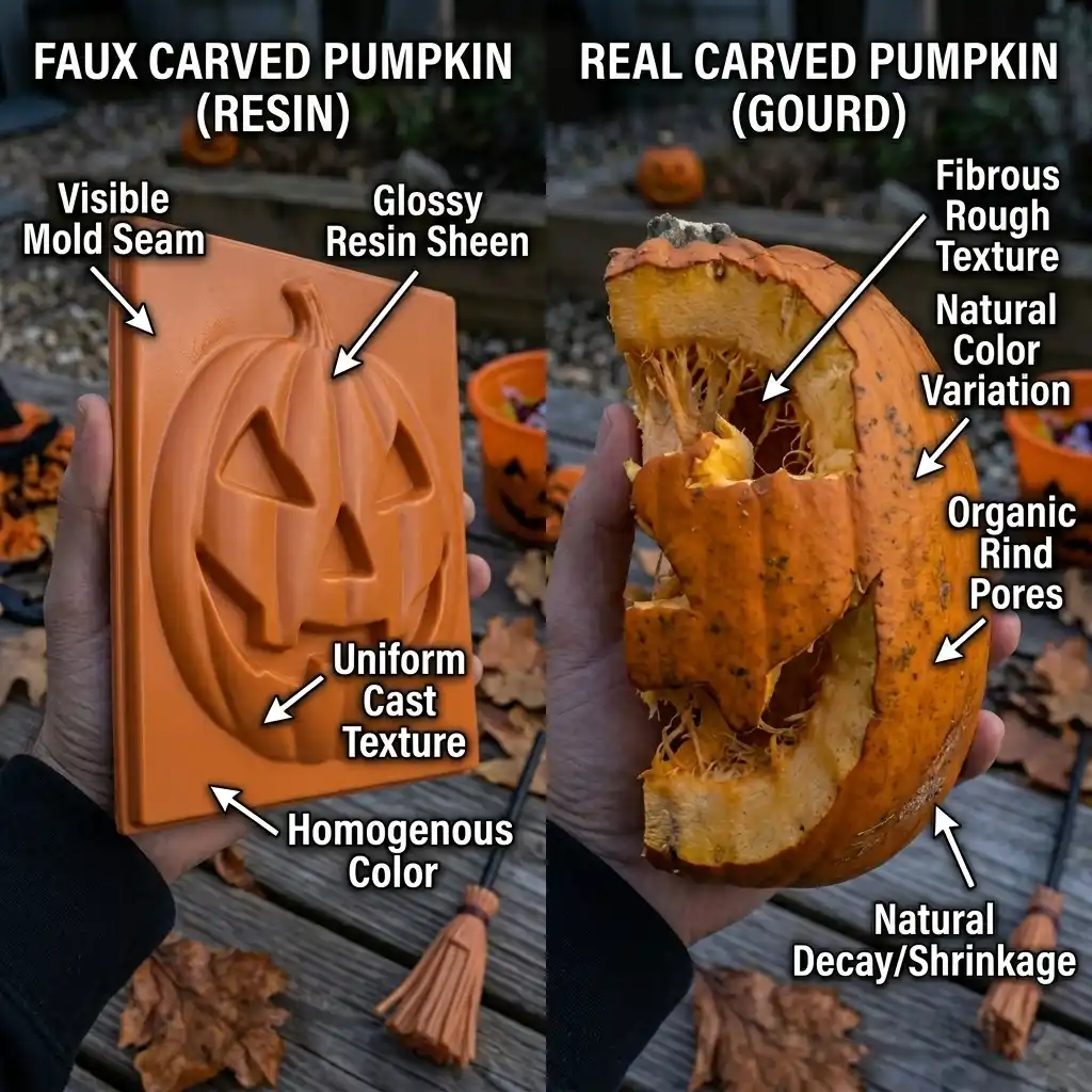 Faux resin carved pumpkin held beside a real carved pumpkin, labelled to compare the mold seam, glossy resin sheen and uniform cast texture against fibrous rind, natural color variation and decay