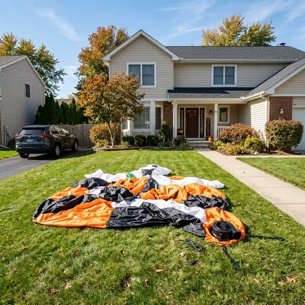 Deflated inflatable lying flat as a sheet of nylon across a lawn in daylight