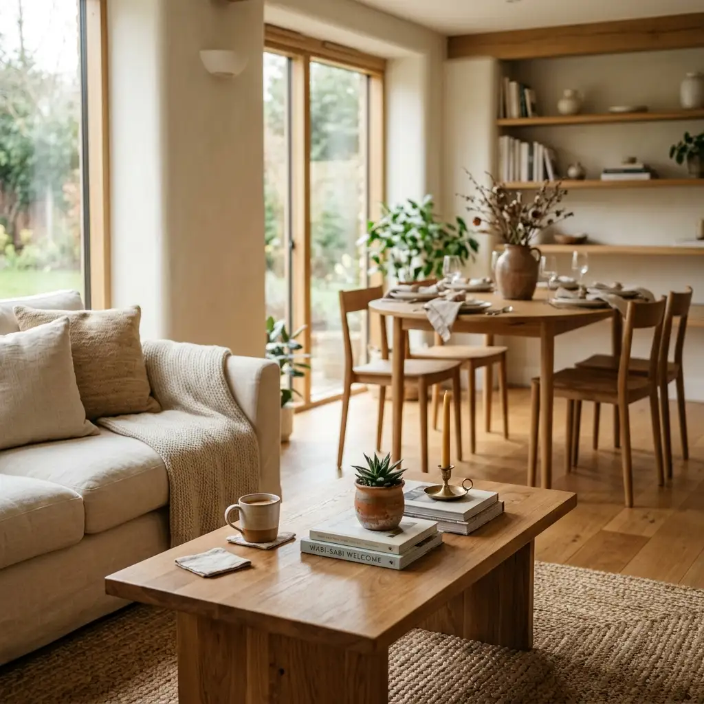 Open plan room showing a dining table in the background and a much lower coffee table in front