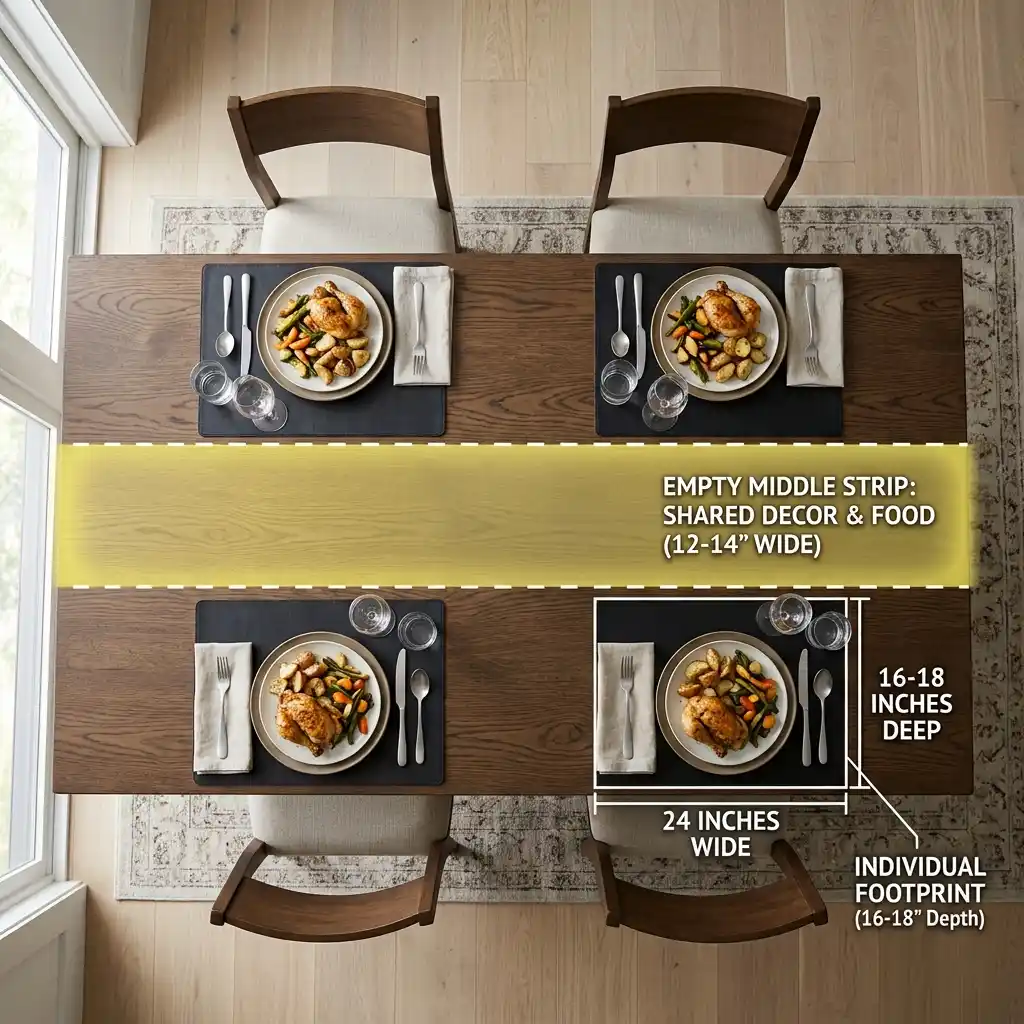 Overhead view of a rectangular oak table showing two rows of place settings and the narrow open middle