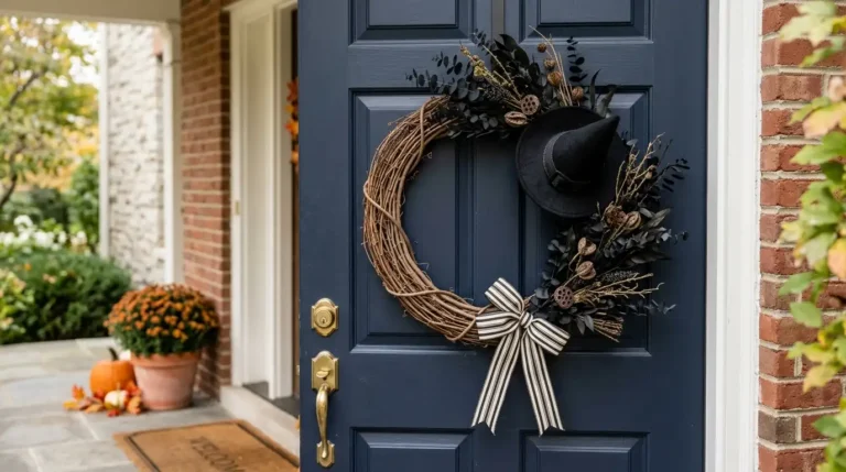 Finished handmade Halloween wreath with black witch hat and sparse stems on a front door