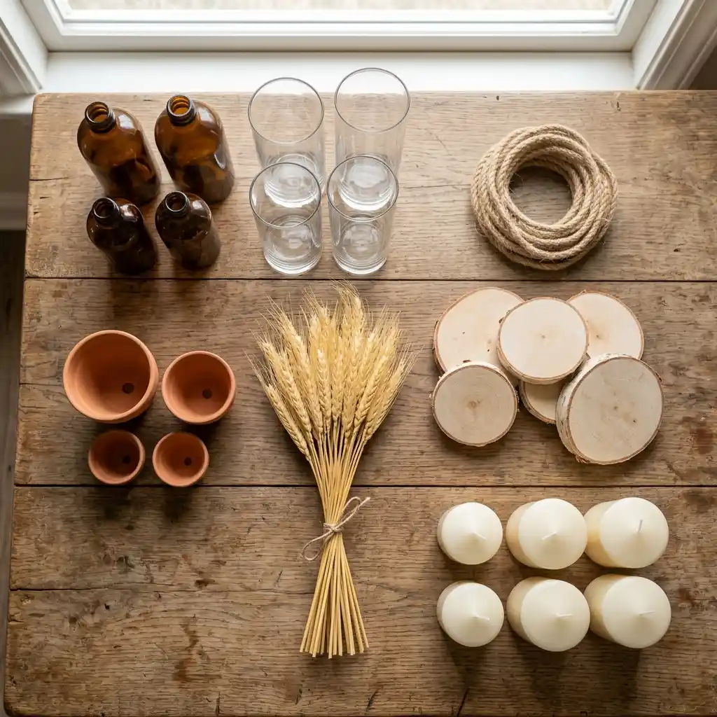 Flat lay of budget autumn decorating supplies including glass cylinders, wood rounds, jute rope and wheat stems