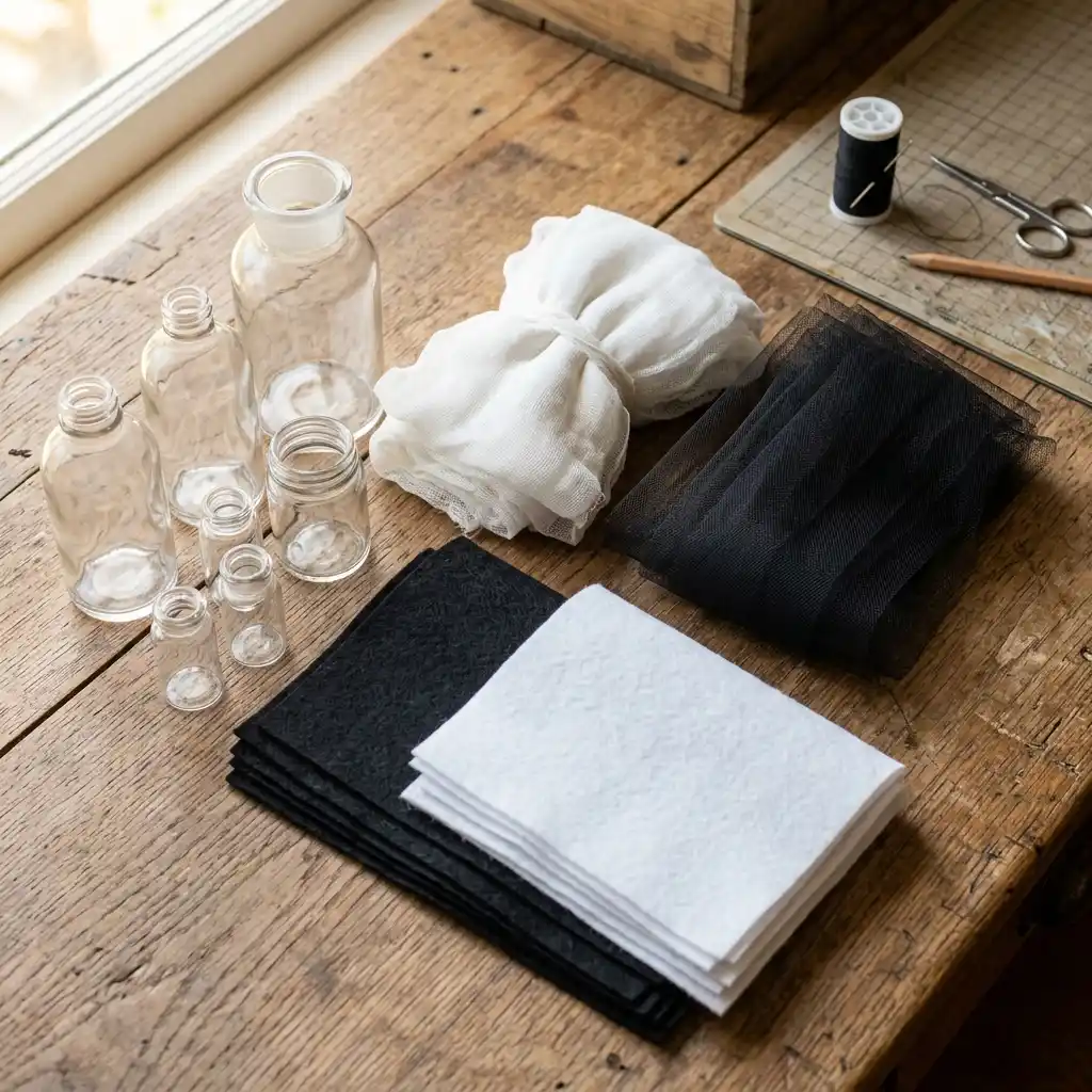 Plain glass bottles, cheesecloth, tulle and felt sheets arranged as base materials for a Halloween craft
