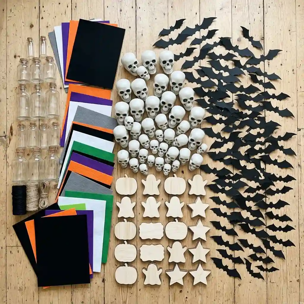 Dollar store Halloween haul spread on a floor with repeated plastic skulls, bats, bottles and wood cutouts