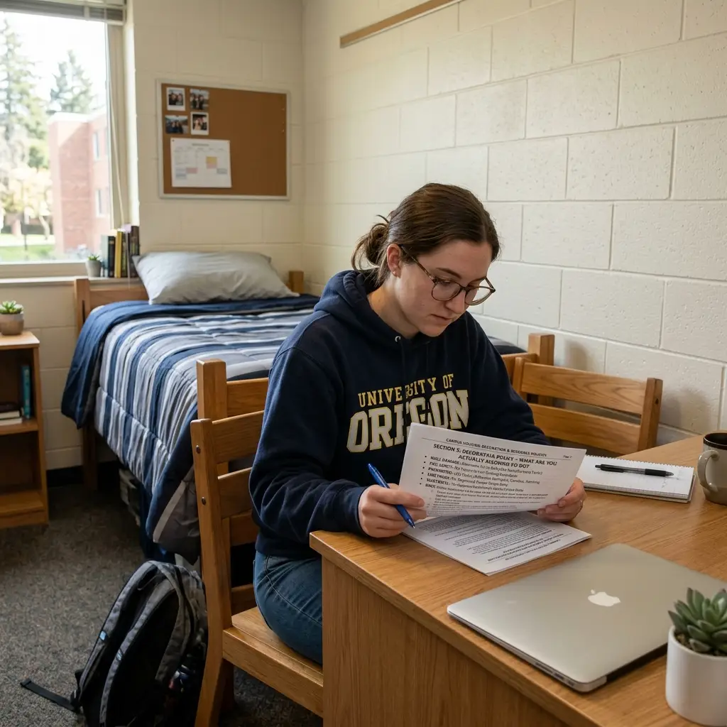 Student reading a housing contract at a desk in a college residence hall room