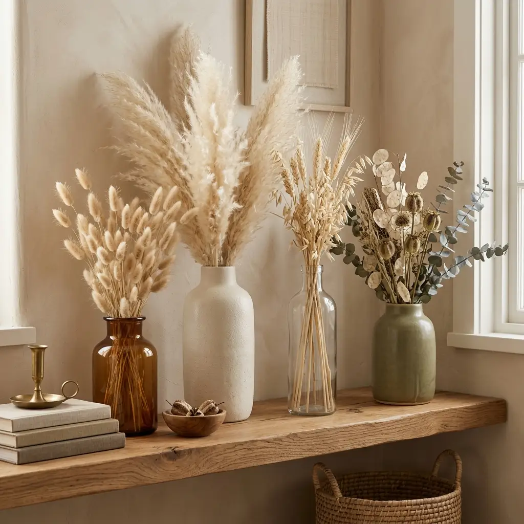Shelf of preserved botanicals including pampas grass, bunny tail and bleached wheat in bone and olive tones