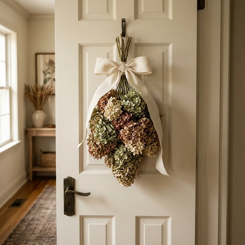 Dried hydrangea swag bound with wire and cream linen ribbon hanging on a painted interior door