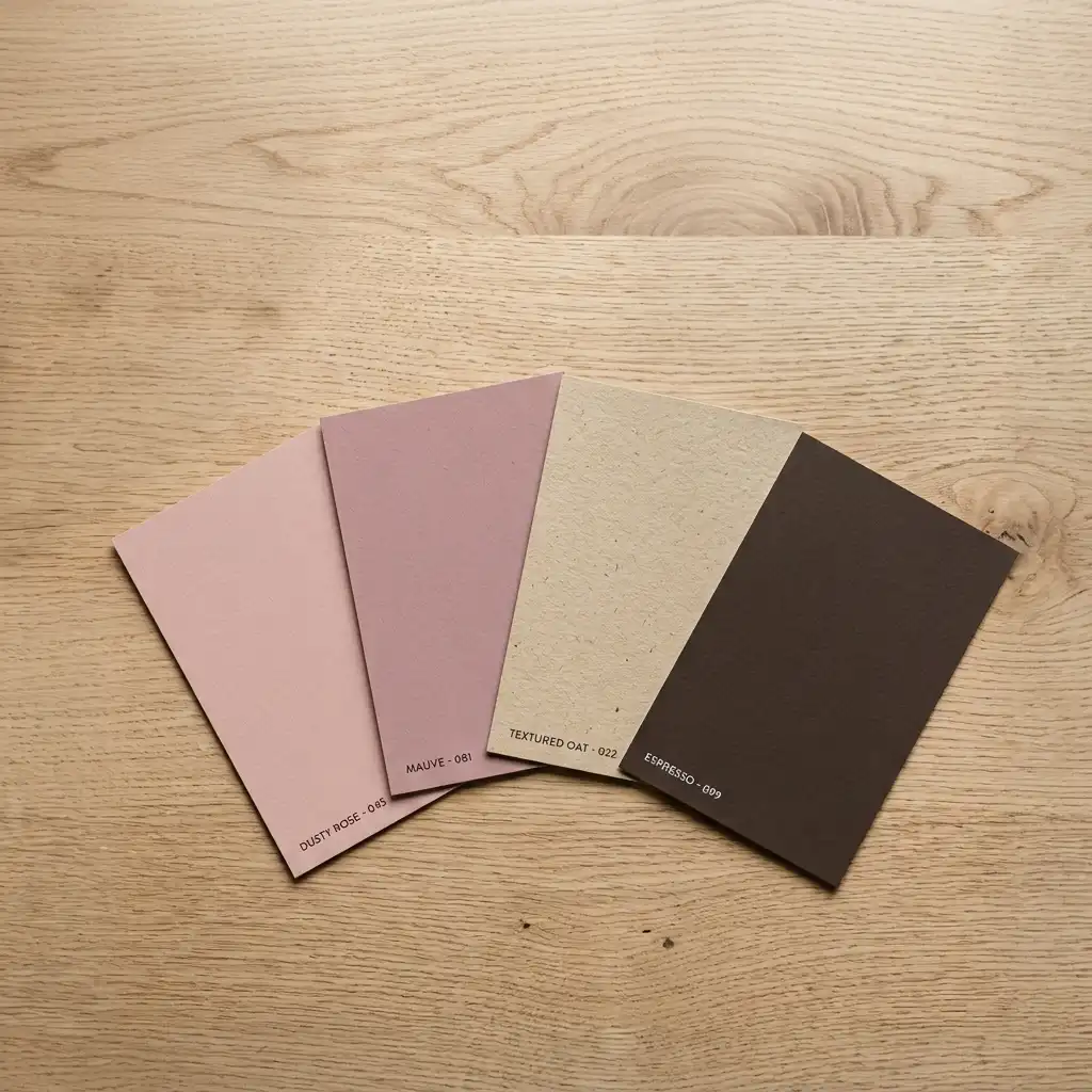 Dusty rose, mauve, oat and espresso paint swatches fanned out on a pale oak table