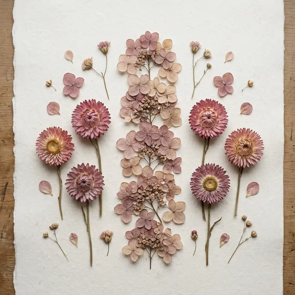 Pressed hydrangea and strawflower in muted rose photographed flat on a cream paper background