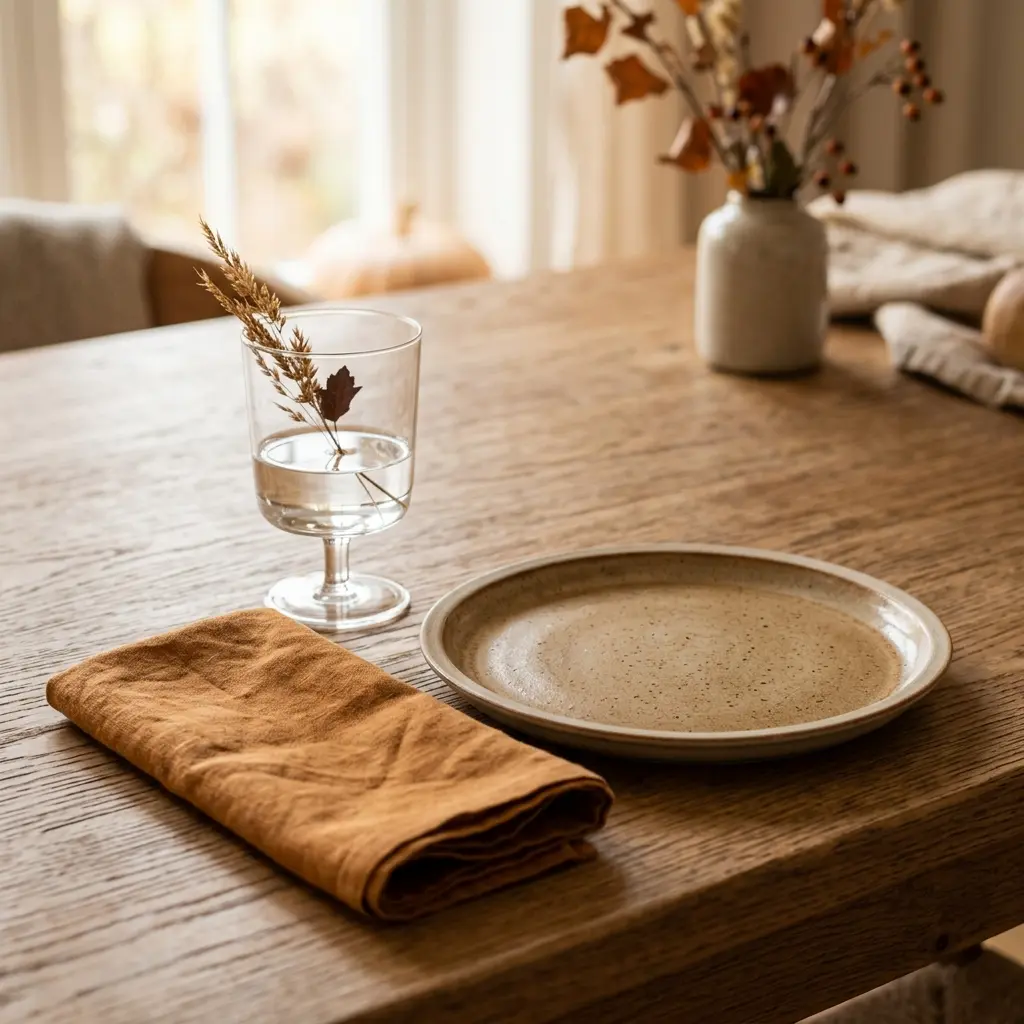 Single autumn place setting with a stoneware plate, folded caramel linen napkin and clear table space around it