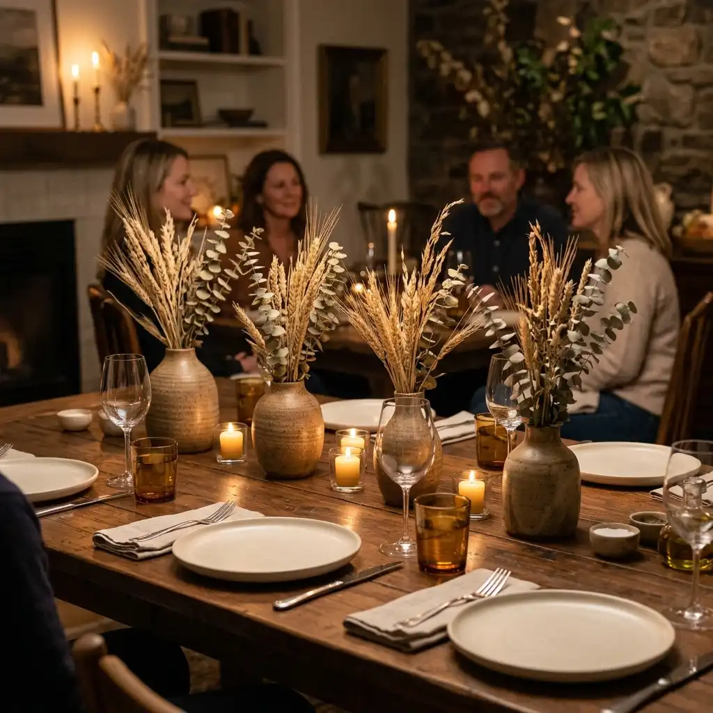 Elegant fall tablescape seen from seated height with a low group of vessels down the center of bare wood