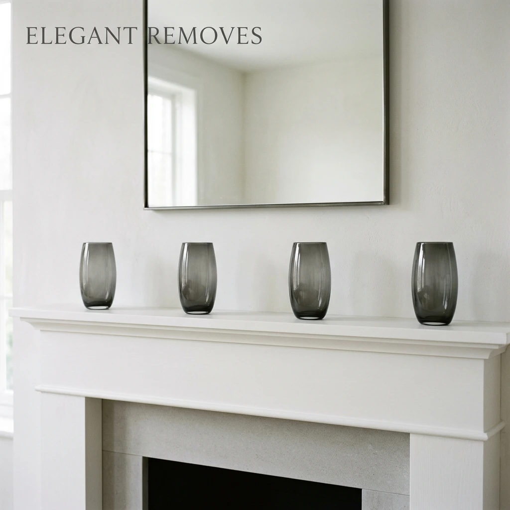 Bare mantel holding just four matched smoked glass objects with wide empty space between