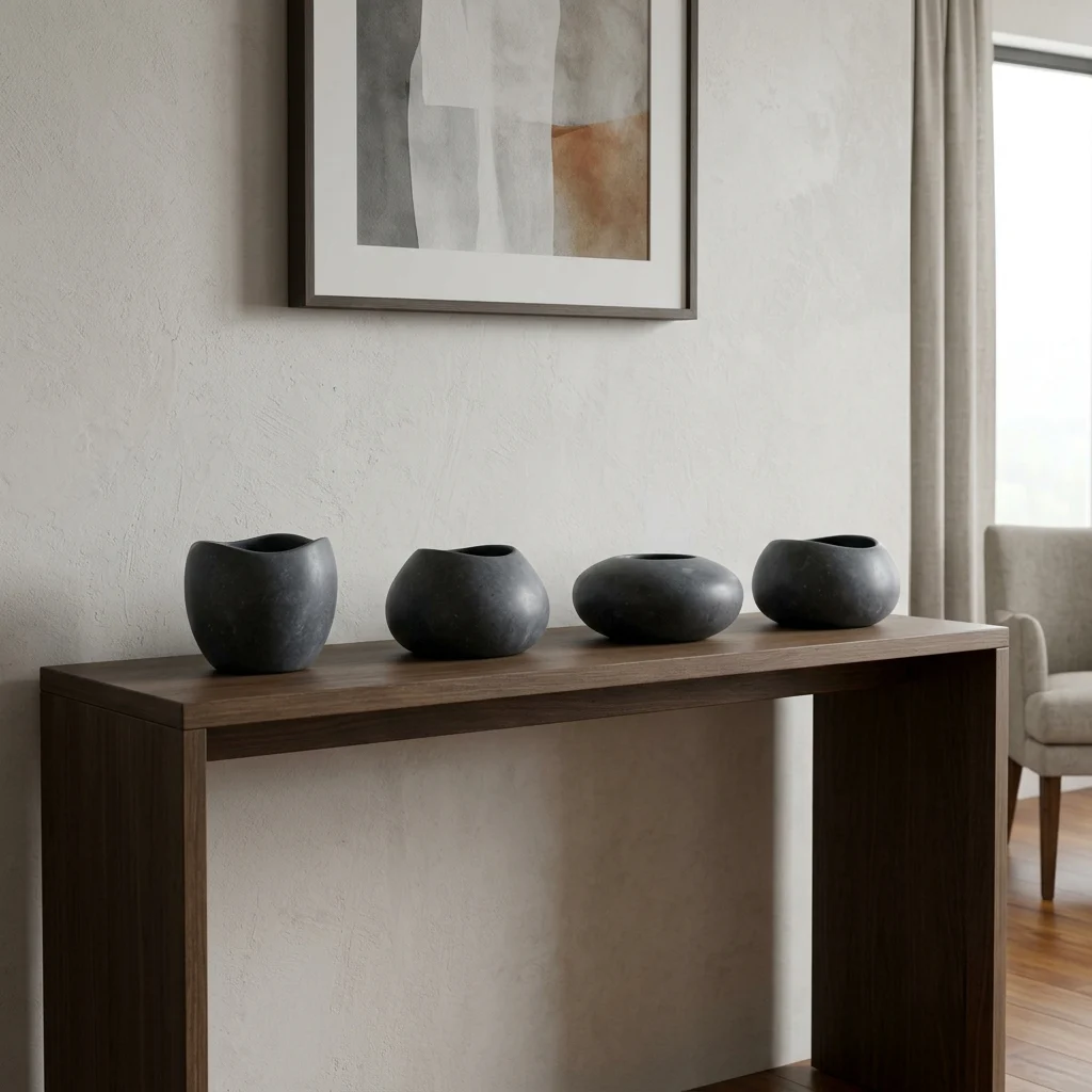 Group of matched honed stone and smoked glass objects repeated in one material on a console