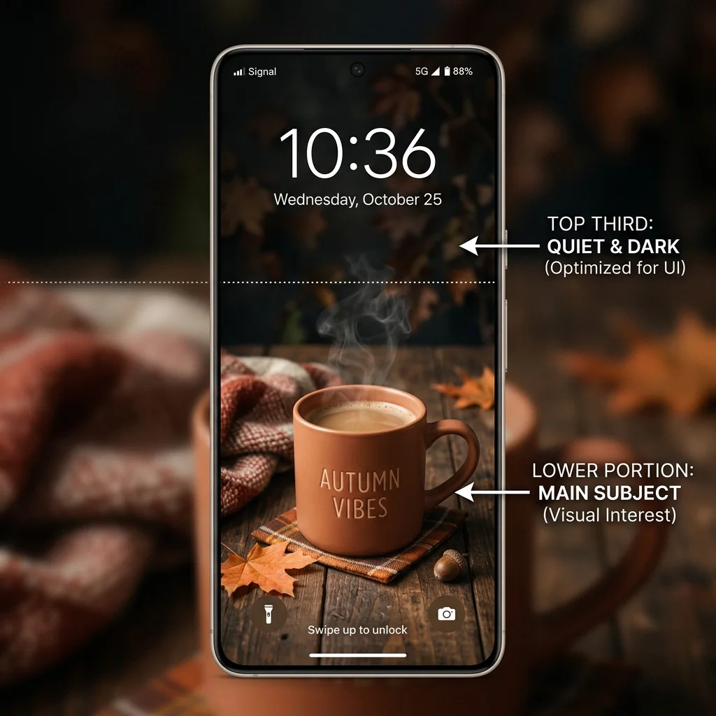 Lock screen layout with a quiet dark upper third and a single mug sitting low in the frame