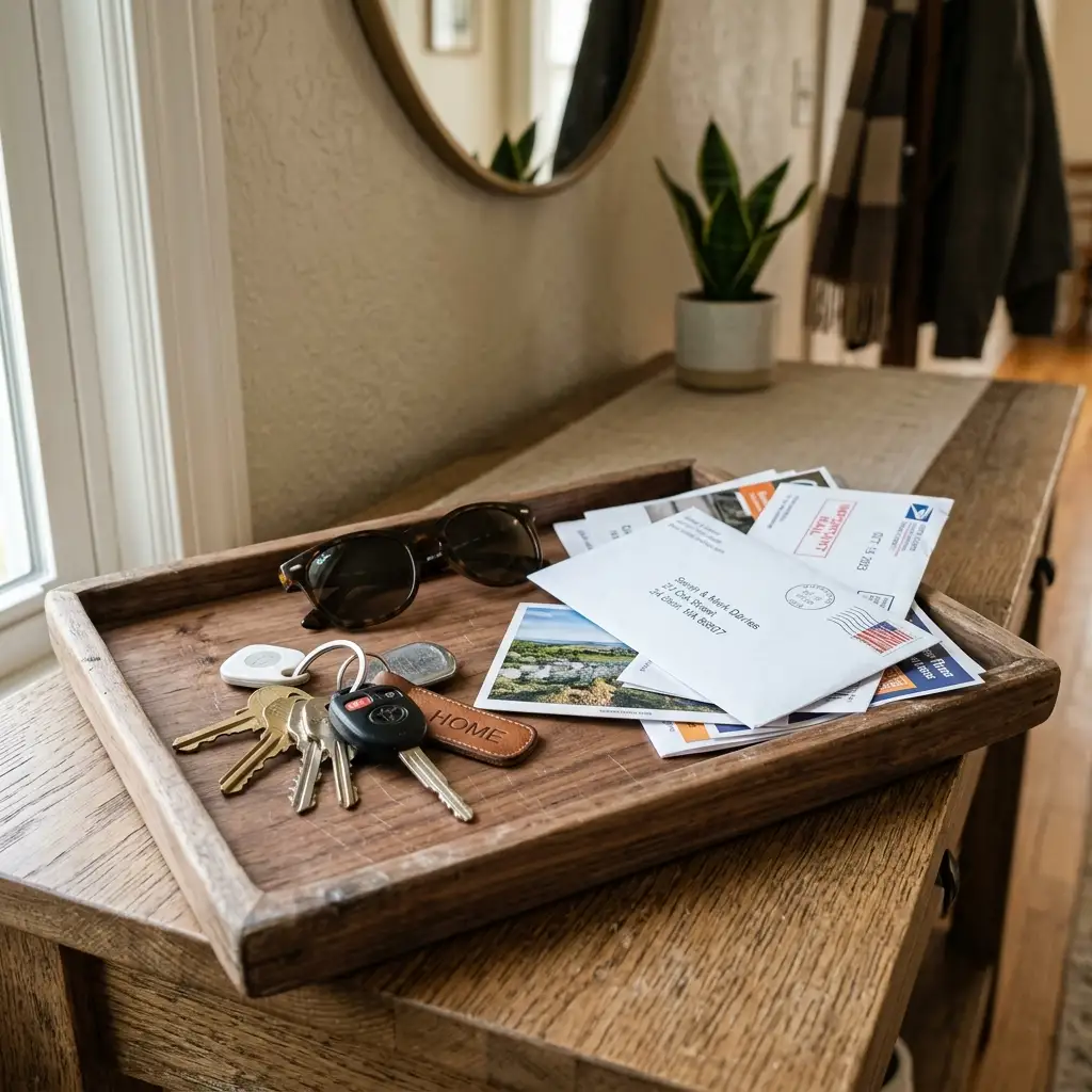 Wooden catchall tray on an entry table holding keys, sunglasses and a small stack of mail