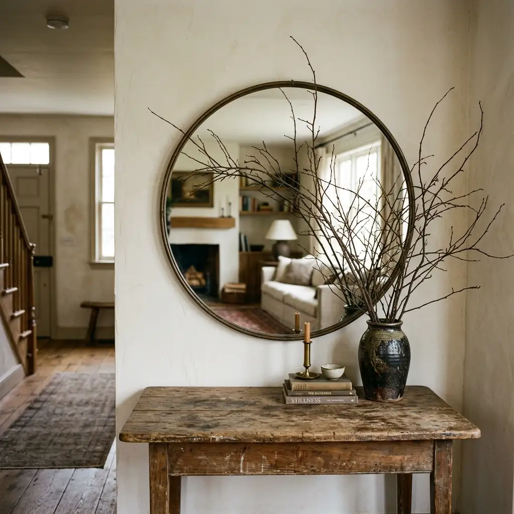 Round mirror hung above a hall table with a tall branch arrangement breaking the horizontal line