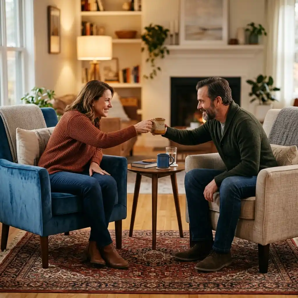 Two upholstered chairs facing each other across a small table at close conversation distance