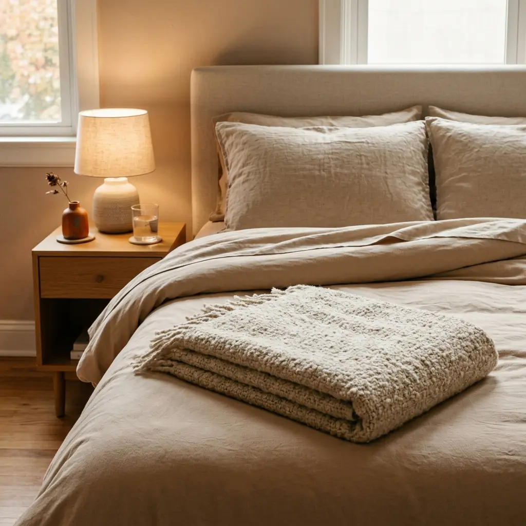Simply styled autumn bed with brushed cotton sheets, one blanket fold and an uncluttered nightstand