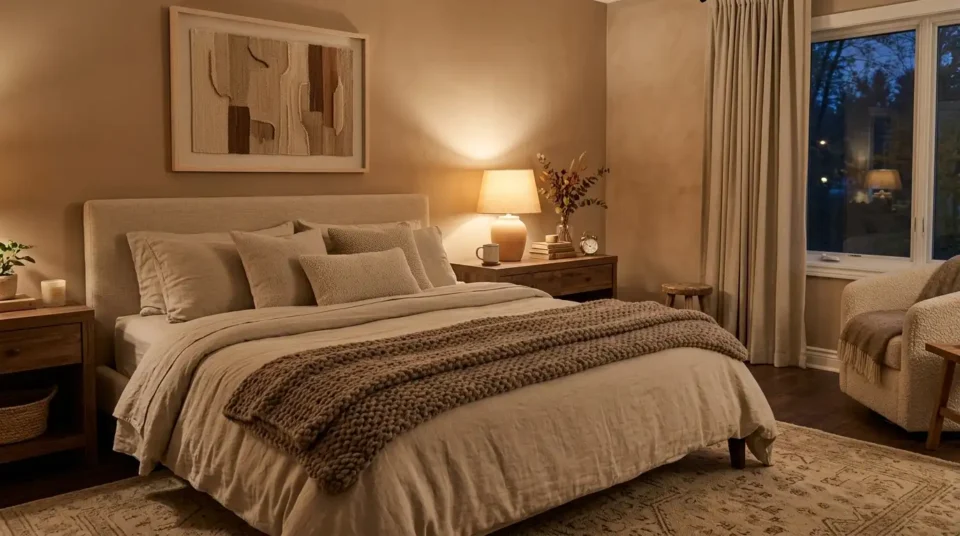 Warm neutral bedroom with layered oatmeal bedding, a folded wool blanket and one lit bedside lamp