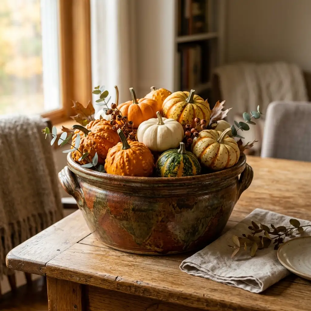 Three versions of the same table arrangement showing green stems, pumpkins, and dried wheat across the season