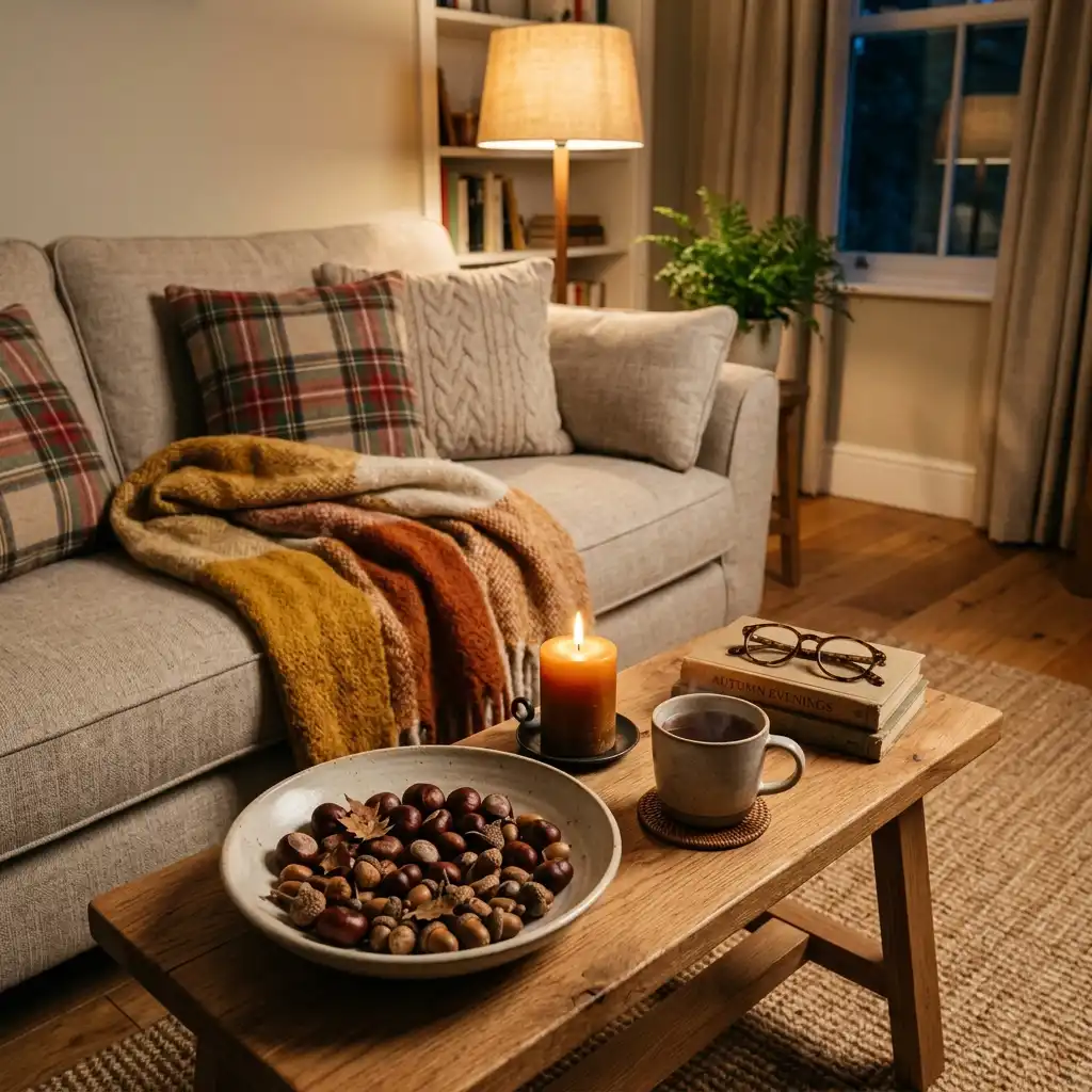 Low table in front of a sofa holding a shallow bowl of chestnuts, a short candle and folded throw nearby