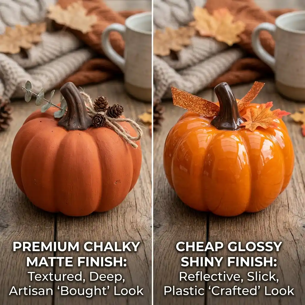 Two handmade autumn pieces side by side showing a chalky finish next to a shiny plastic finish