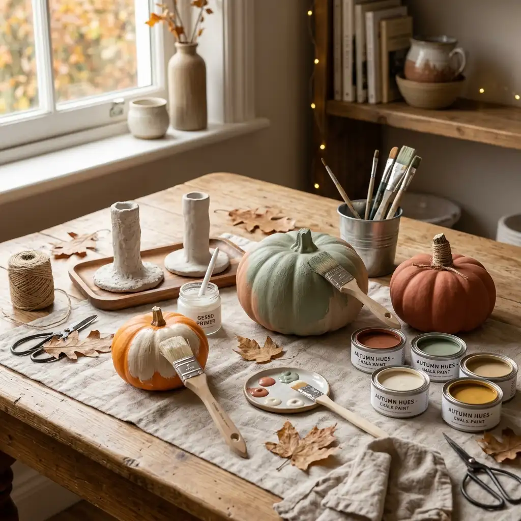 Fall decor crafts laid out on a worktable: matte painted pumpkins, clay taper holders, brushes and flat paint tins