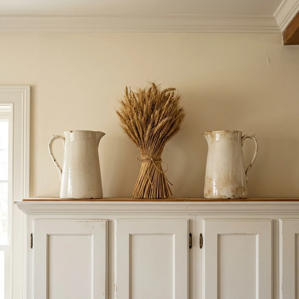 Fall decor above kitchen cabinets with two tall ironstone pitchers and a bundle of dried wheat