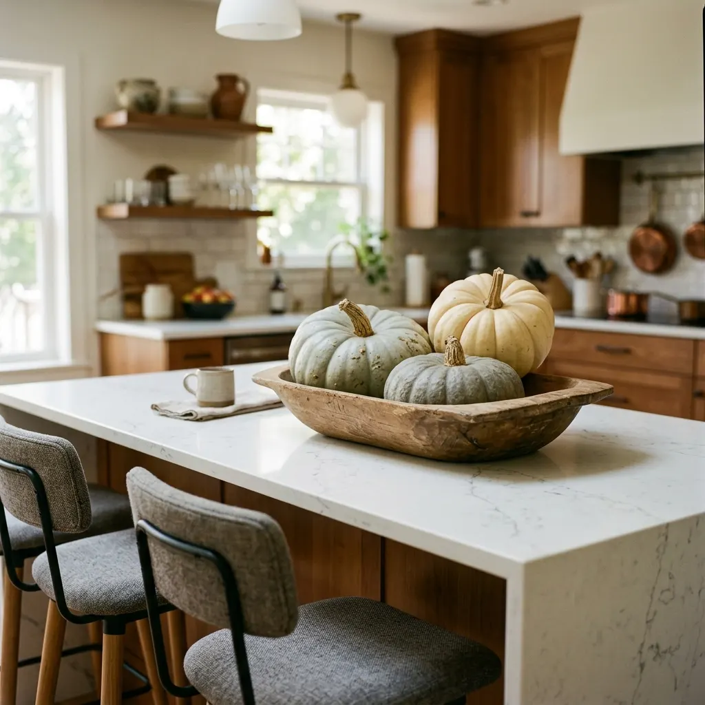 Kitchen island seating end with a shallow wooden bowl holding three uncarved cream and blue-grey pumpkins