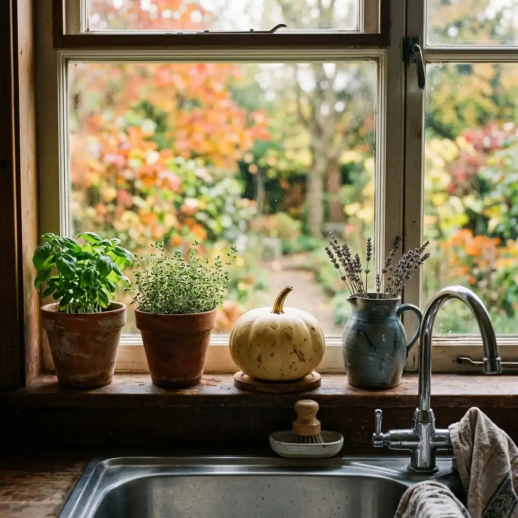 Kitchen window ledge above the sink with small glazed pots, a stoneware jug and one squat cream pumpkin