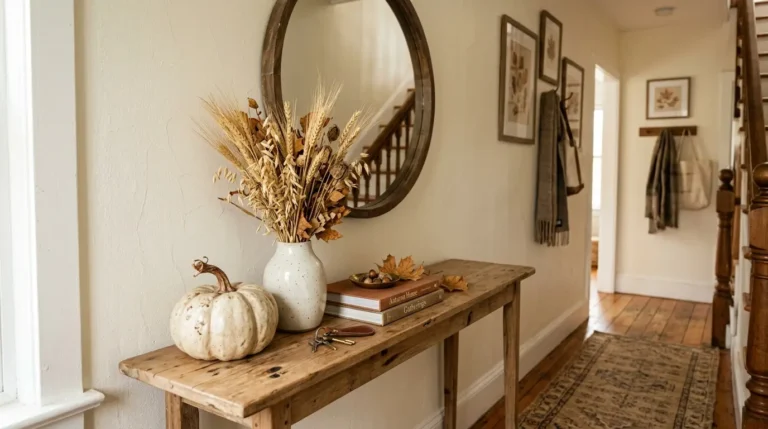 Narrow hallway console table styled with dried wheat, a cream pumpkin and a round mirror above