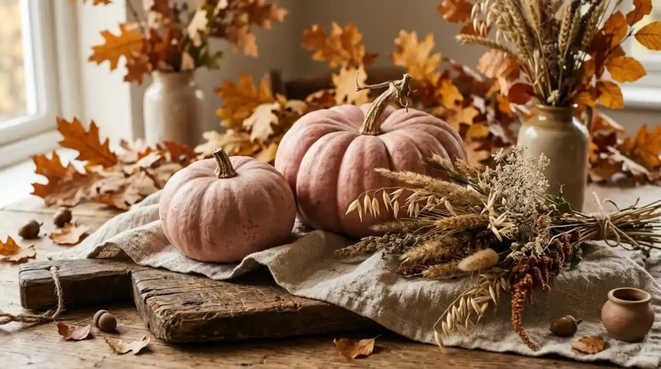 Warm white oak kitchen styled for autumn with cream pumpkins, a stoneware crock and dried wheat on clear counters