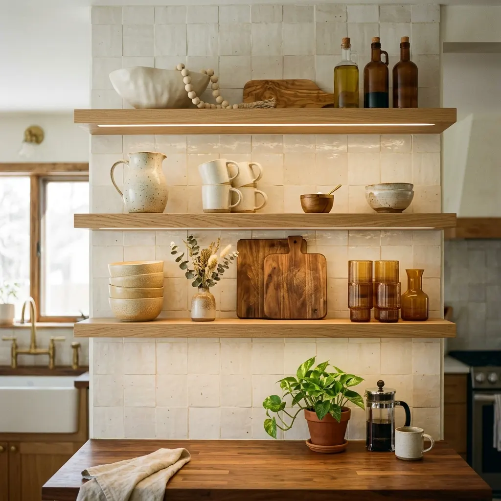 Open kitchen shelving styled with warm cream ceramics, amber glass and walnut boards with empty space between
