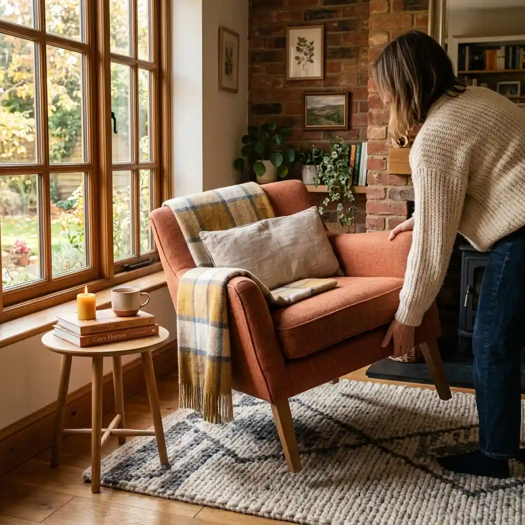 Corner of a living room with a measuring tape beside a rug edge and a chair being repositioned