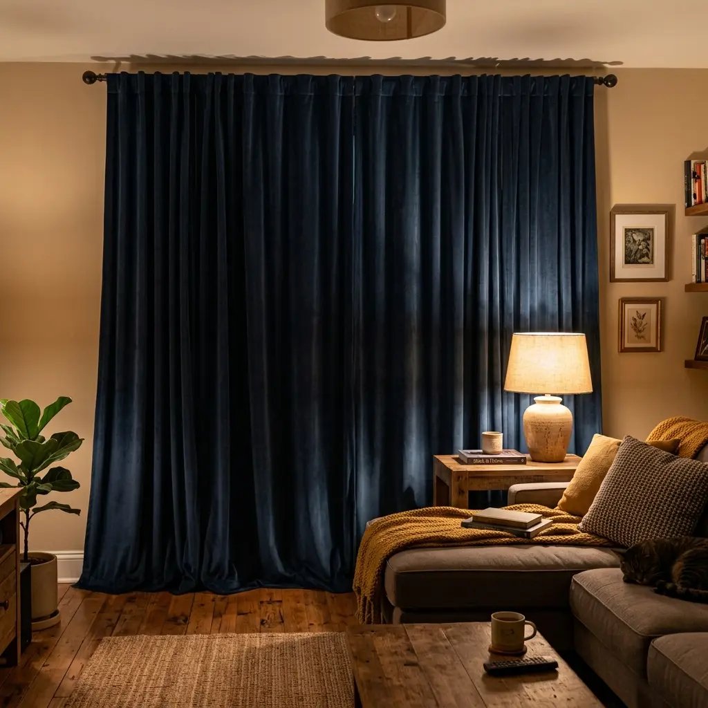 Living room window with heavy curtain panels drawn at dusk and a lamp lit beside the sofa