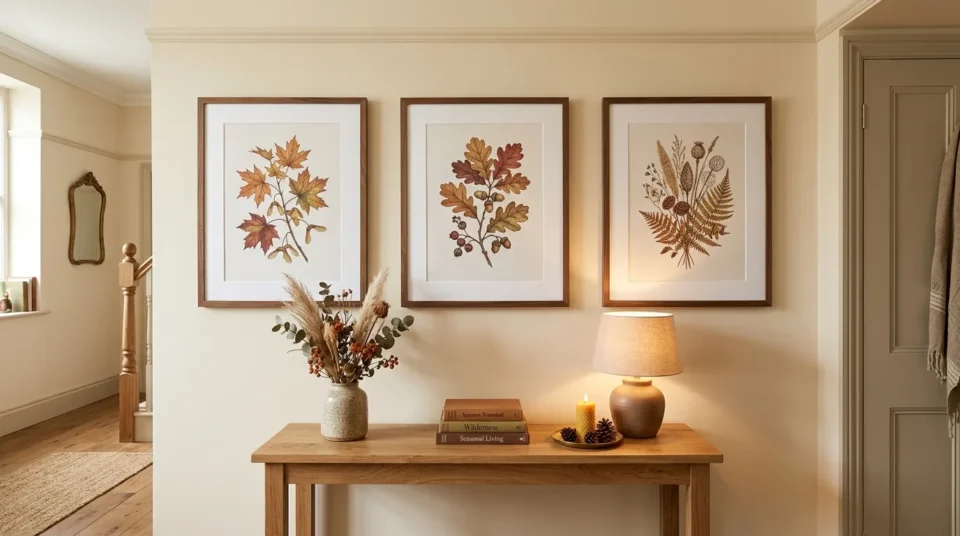 Three framed autumn botanical prints on a warm white wall above an oak console with dried stems