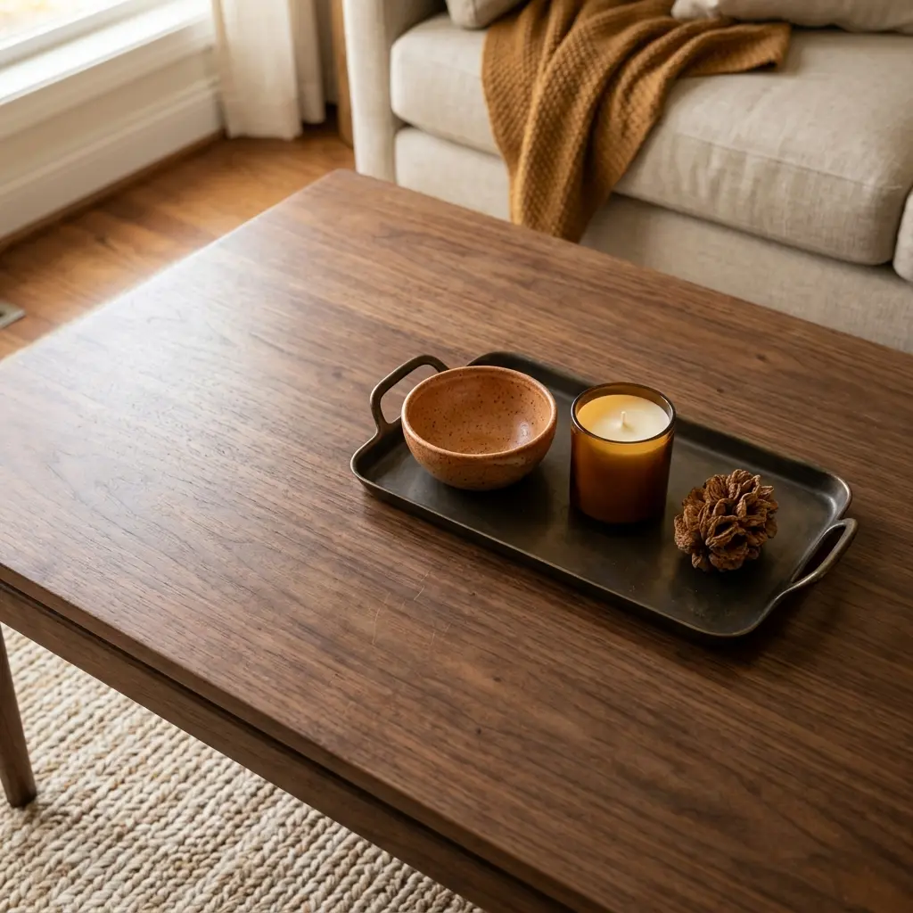 Fall table decor grouped on a single tray with three objects and clear wood around the edges