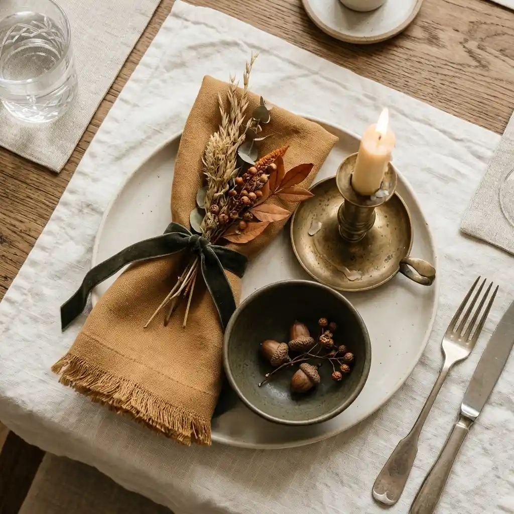 Autumn table palette of bone linen, camel napkins and charcoal accents with aged brass candlesticks