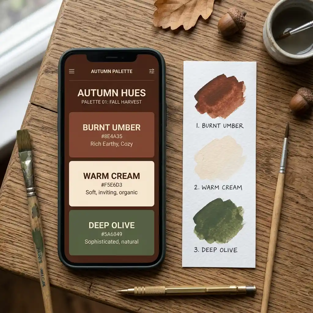 Fall widgets styled in burnt umber, warm cream and deep olive beside matching autumn color swatches