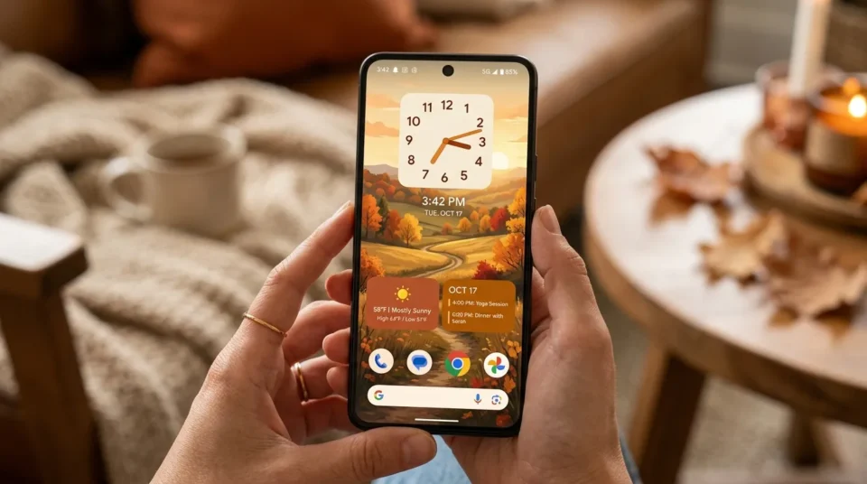 Phone home screen with an autumn wallpaper, one medium clock panel and two small warm-toned panels