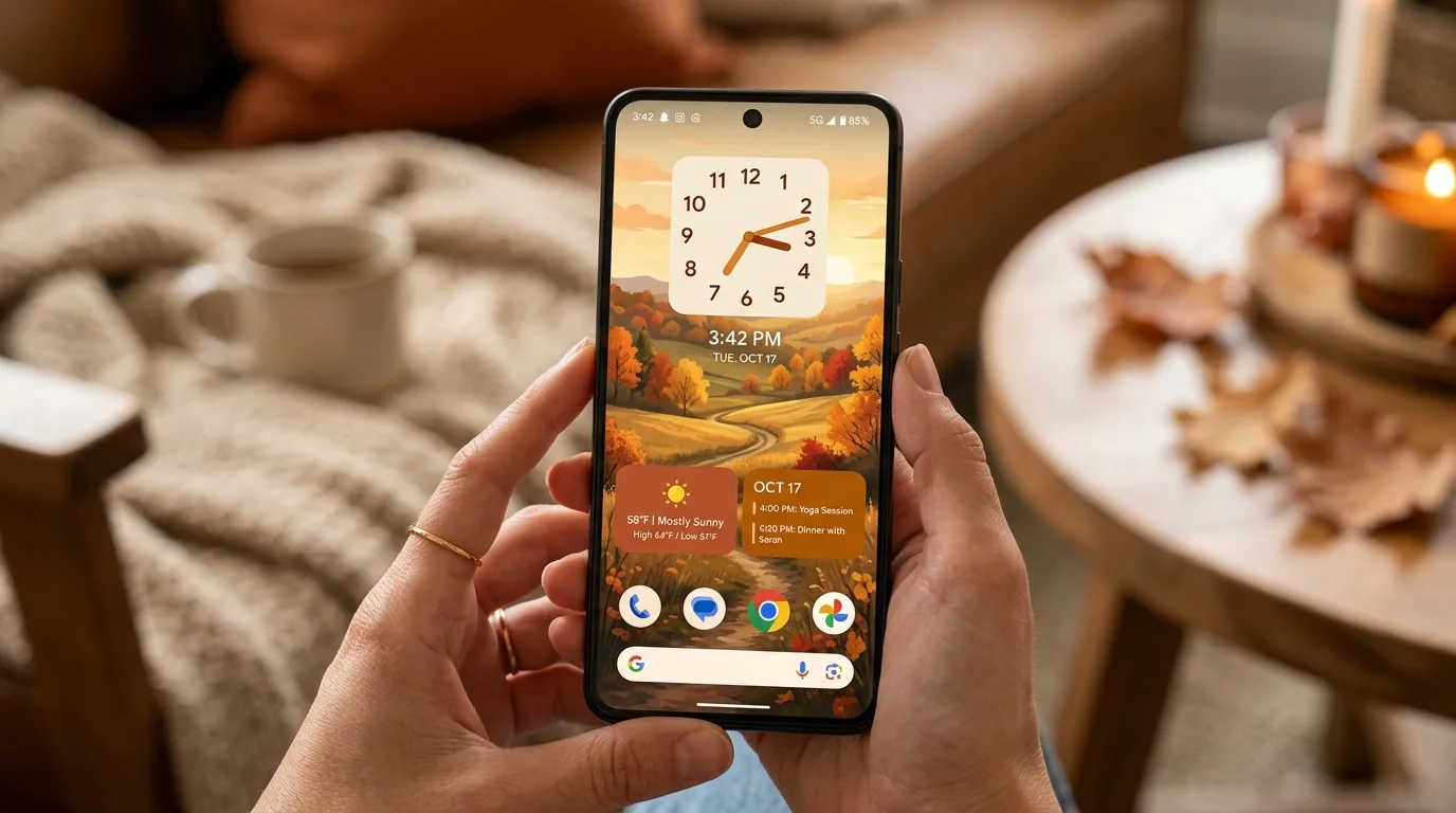 Phone home screen with an autumn wallpaper, one medium clock panel and two small warm-toned panels