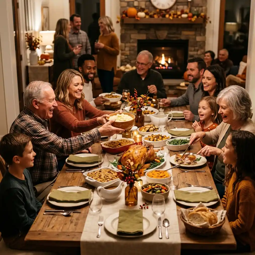 Family style autumn dinner with dishes passed around a long table set in cream and olive tones