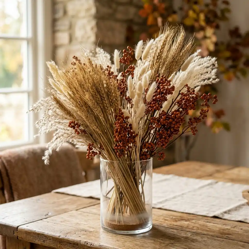 Bunches of solid-color wheat, bleached grasses and rust berry stems arranged in a plain glass vase